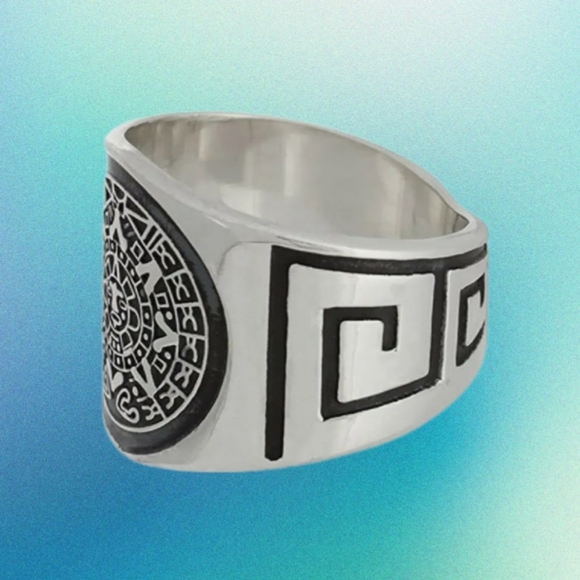 Men's Sterling Silver AZTEC CALENDAR Ring with GREEK KEY PATTERN Never Worn - Picture 2 of 2
